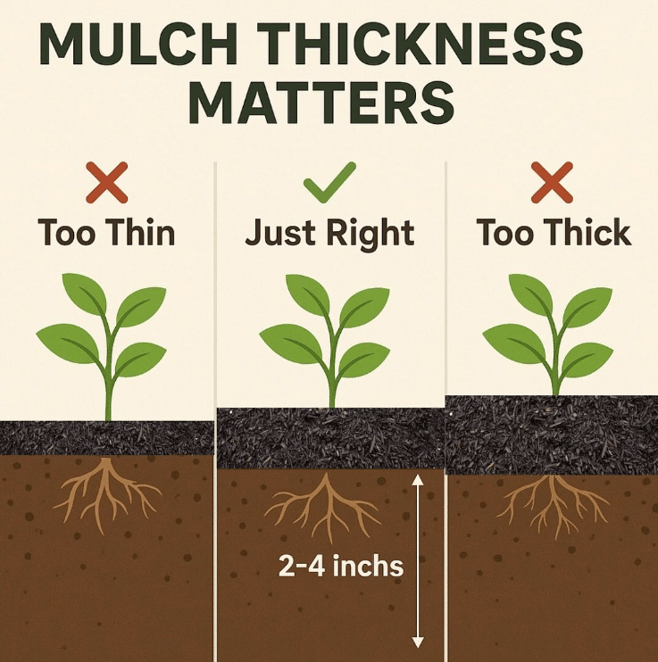 mulch mistake showing improper mulch depth of too little and too much