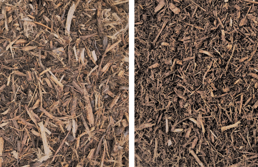 A photo showing the difference in grind in double grind vs triple grind mulch